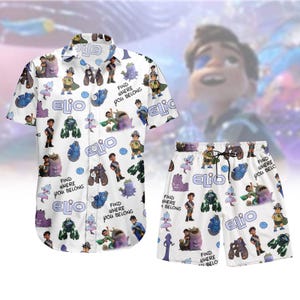 Conjunto de camisa y pantalones cortos Elio 2025, camisa abotonada de dibujos animados de Pixar para hombre y mujer, atuendo hawaiano de verano, ropa a juego para viajes a Disney