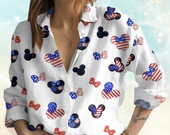 Musse Pigg 4 juli blus, Disney Rosetter Fjärde juli-tröja, Musse Pigg Damtröja, Disneyland USA Flagga blus
