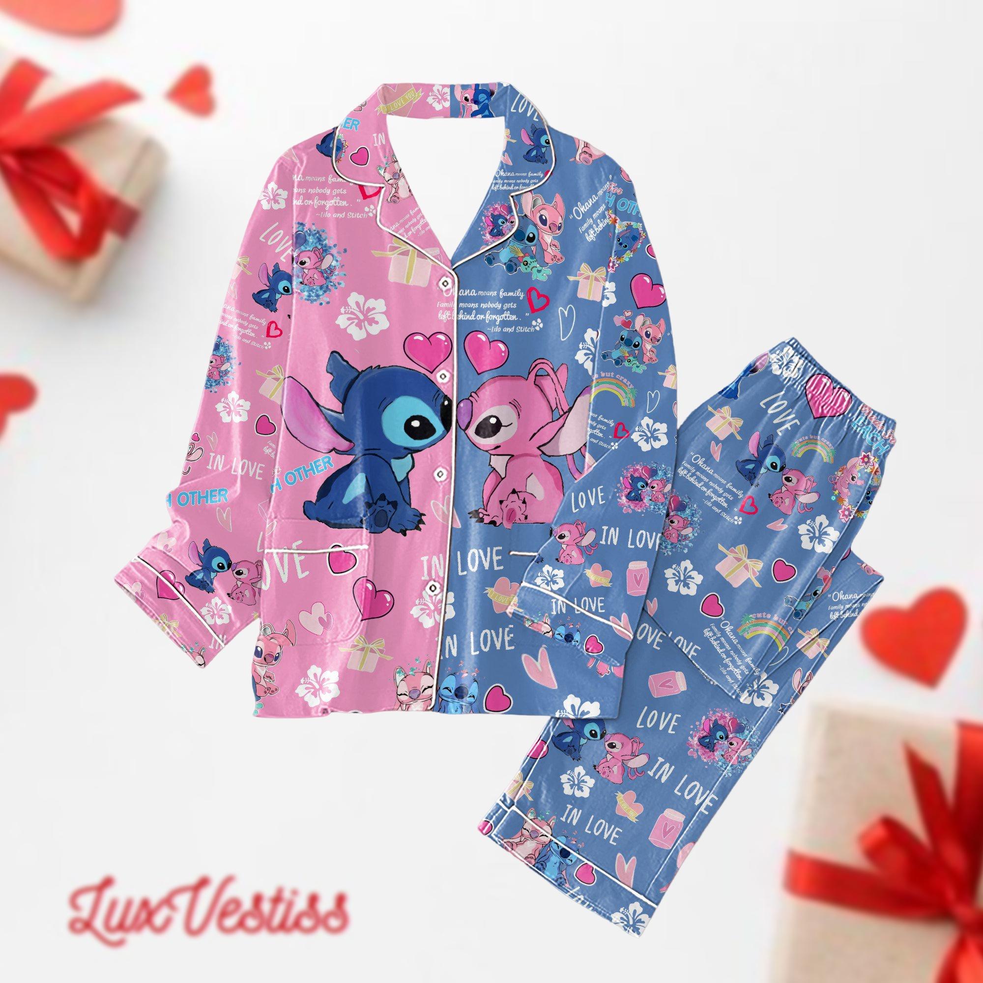 Valentine Stitch And Angel Pajamas Set, Disney Ohana Holiday Pajamas, Matching Pajamas Set, Pajamas For Party, Gift For Her Him