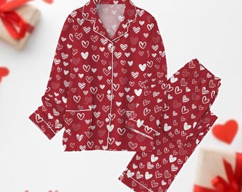 The Hearts Valentine Pajamas Set, Heart Love Women Pajamas, Red Valentine Pajamas Pants, Matching Pajamas Set, Gift For Girlfriend