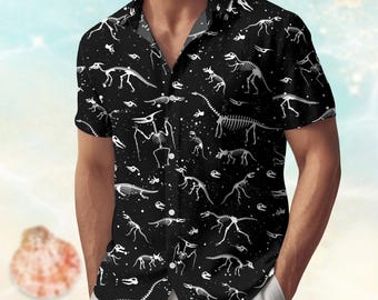 ヴィンテージ恐竜ボタンシャツ、恐竜の骨のハワイアンシャツ、動物柄クラシックビーチシャツ、女性用・男性用バケーションシャツ、夏のギフト