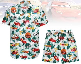 Lightning McQueen Aloha Button Shirt, Disney Family Cars Hawaiian Shirt, Tropical Shorts For Men, Racing Cars Vacation Shirt For Summer