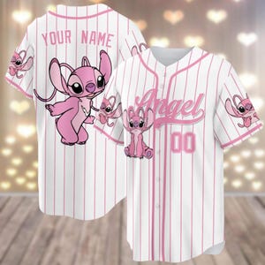 Gepersonaliseerde engelenhonkbaljersey, Stitch And Angel-jerseyshirt, honkbalshirt met naam, jersey voor mannen, cadeaus karton Character