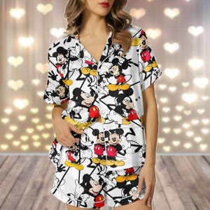 Retro Mickey Mouse Satin Pajama Set, Disneyland Women PJs, Cute Mouses Cartoon Sleepwear, Disney Halloween Nightmare Pjs For Women