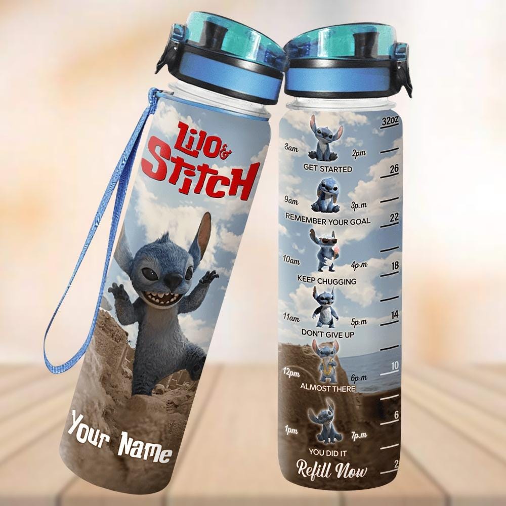 Custom Name Stitch 2025 Water Tracker Bottle, Cartoon Water Bottle 32oz, Cute Disney Hydration Cup, Vacation Gift For Stitch Lovers
