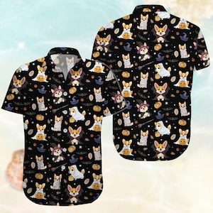 Corgi Halloween Button Shirt, Cute Halloween Dog Shirt, Corgi Pumpkin Shirt, Corgi Hawaiian Shirt, Spooky Corgi Shirt, Button Up Shirt