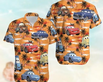 Camisa hawaiana de Rayo McQueen, camisa con botones de la película Cars, camisa de vacaciones en coche de carreras, camisa hawaiana de viaje a Disney para hombre y mujer, regalos de verano