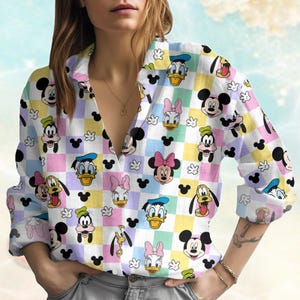 Mickey And Friends Linen-Look Shirt, Disney Family Women Shirt, Magical Castle Blouse Tops, Cartoon Characters Shirt For Summer 2025