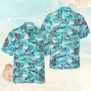 Shark Hawaiian Shirt, Shark Button Down Shirt, Fishing Aloha Shirt Men, Beach Party Shirt, Funny Shark Tee, Vacation Gift