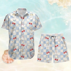 Duck And Cherry Button Shirt, Cute Duck Hawaiian Shirt, Beach Shorts Men, Aesthetic Summer Vacation Shirt, Duck Love Shirt, Summer Gift