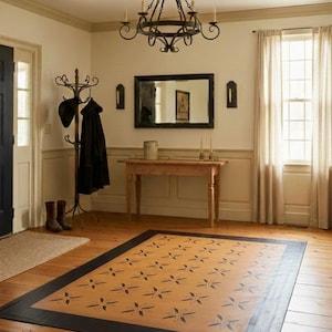 Early American Floorcloth. Primitive Floor Cloth. Folk art area rug. Hand painted canvas folk art area rugs.