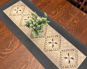 Wipe-able Table Runner, Hand painted  canvas, durable. Historic Table runner in our Concerto design, Colonial/Primitive