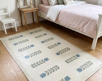 Hand-Painted Scandinavian Folk Art Floorcloth: Nordic Tulip Design, Wipeable Canvas Rug