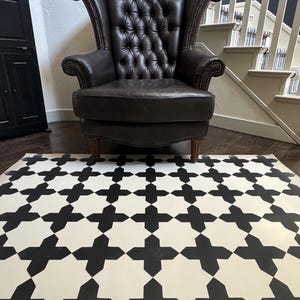 Hand painted Floorcloth area rug in new &quot;Manzanita&quot; design. Hand painted Canvas floorcloth, expertly hand-crafted to last! Vintage tile mat.