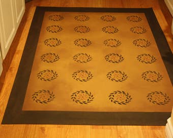 Early American Floorcloth. Primitive Floor Cloth. Folk art area rug. Hand painted canvas folk art area rugs.