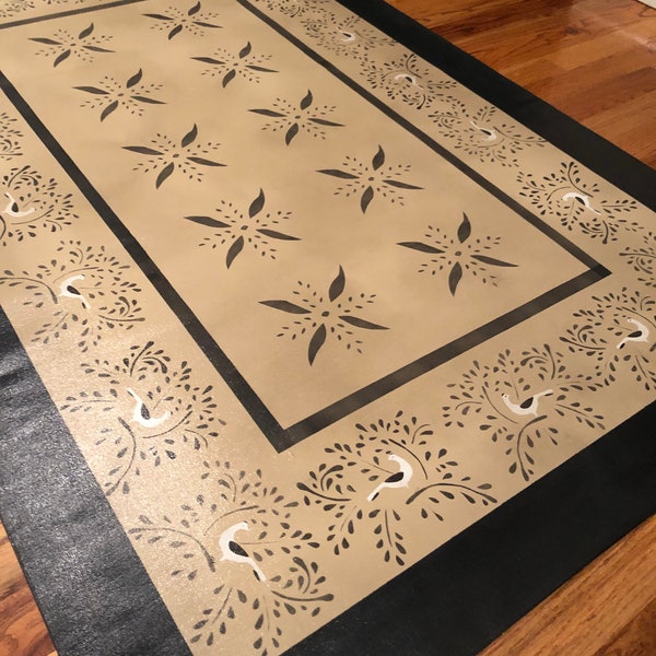 Handpainted Floorcloth rug/mat in new Early American "Little Birds in Branches" design. Colonial floor cloth, Expertly hand-crafted to last!