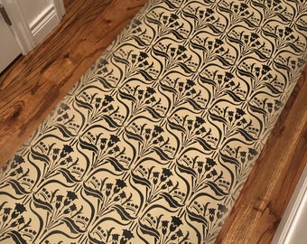 Hand painted washable rug (floorcloth/mat) in a gorgeous new vintage wallpaper inspired design. Expertly hand-crafted to last!!!