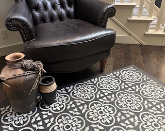 Hand-Painted Canvas Floorcloth Rug, Vintage Tile Design
