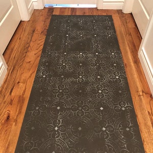 Floorcloth area rug in Urbane Bronze/ Dark Gray &quot;Prima donna&quot;  design. Hand painted Canvas floorcloth, expertly hand-crafted to last!
