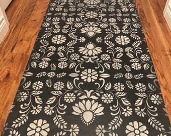 Hand painted washable rug (floorcloth/mat) in a gorgeous new vintage wallpaper inspired design. Expertly hand-crafted to last!!!