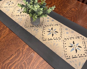 Wipe-able Table Runner, Hand painted  canvas, durable. Historic Table runner in our Concerto design, Colonial/Primitive