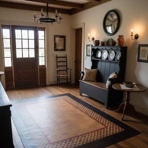 Hand crafted Early American Floorcloth. Primitive Floor Cloth. Folk art area rug. Hand painted canvas folk art area rugs.