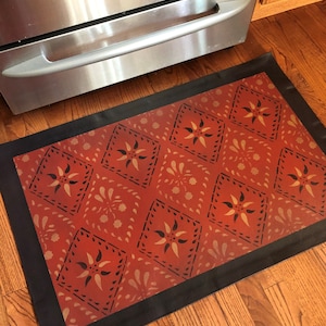 Early American Floorcloth. Primitive Floor Cloth. Folk art area rug. Hand painted canvas folk art area rugs.