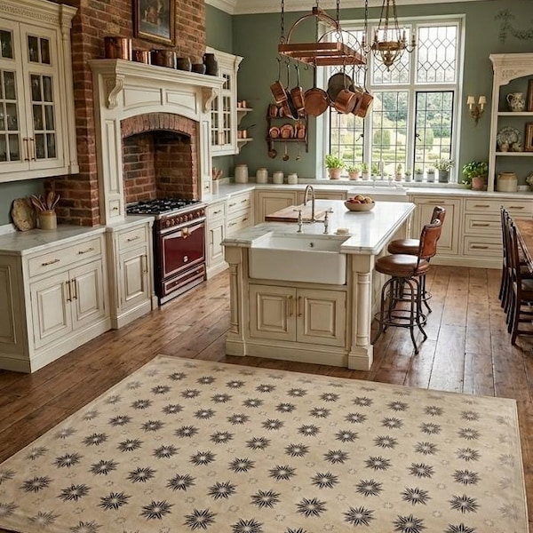 Hand-Painted Canvas Floorcloth Rug, Vintage Linoleum Design
