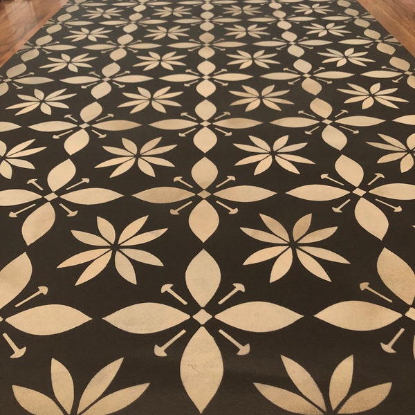 Hand Painted ~NOT PRINTED!!!~ canvas rug in a brand new vintage linoleum design. Wipeable, sealed canvas rug Expertly hand-crafted to last!