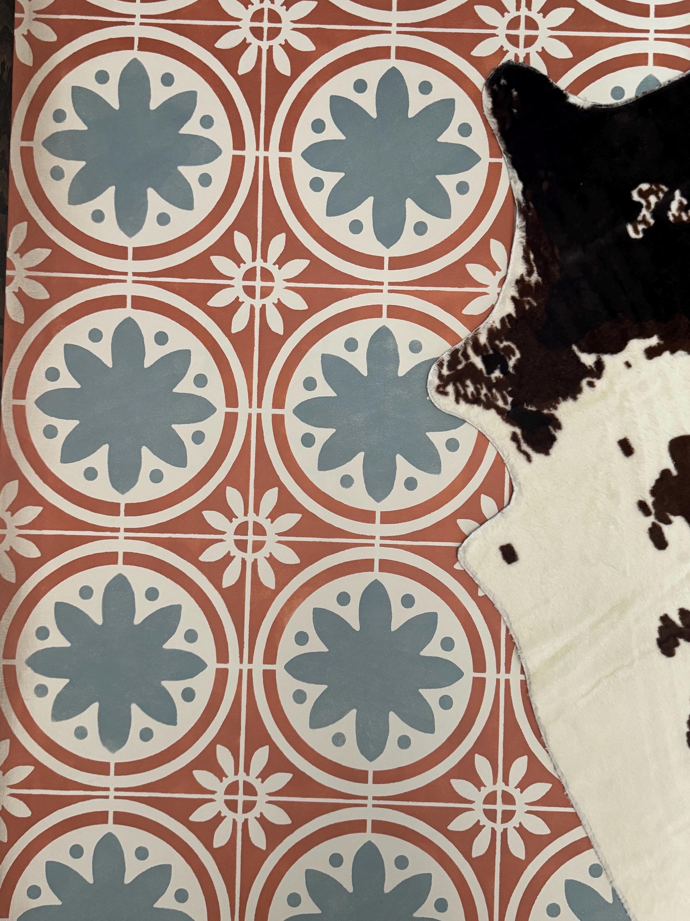 Hand Painted floorcloth area rug in my "Desert Lily" design. Canvas floor cloth, Expertly hand-crafted to last! Vintage tile design.