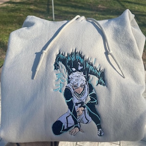 Sudadera bordada con anime, camiseta bordada con anime, sudadera con capucha bordada, regalos inspirados en anime personalizados y azules.