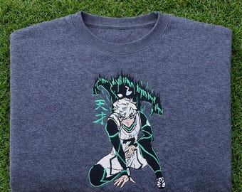 Sudadera bordada con anime, camiseta bordada con anime, sudadera con capucha bordada, regalos inspirados en anime personalizados y azules.