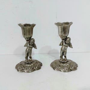 Antique Brass Angel Candle Holders: Vintage Religious Candlestick Set, Metal Candlesticks