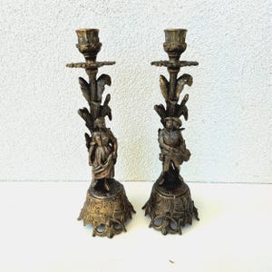 Vintage Italian Metal Spelter Figural MOD Dept Candle Sticks – Set of 2 - Antique Home Decor -Vintage Gift for Mom