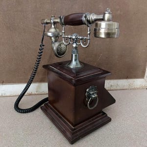 Vintage Wood & Bronze Corded Telephone: Rustic Push Button Landline, Wood Art