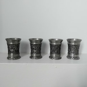 Antique Austria Zinn Pewter Mug Set: Embossed Hunting Beer Steins, Vintage Gift