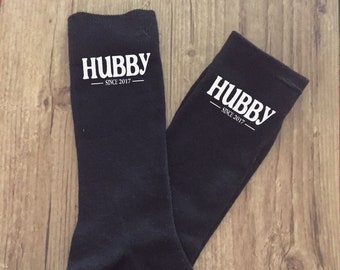 Groom Wedding Socks - Personalized Hubby Since - Black or Navy Sizes 6-14 - Great Wedding Day or Anniversary Gift