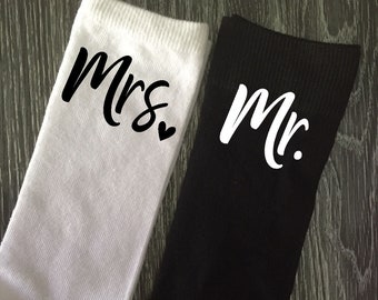 Mr and Mrs Sock Set,  white Mrs socks, black Mr socks, small to large, perfect gift for the newlyweds or for the honeymoon