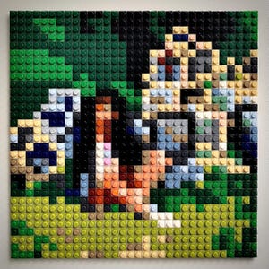 May include: A close-up of a mosaic artwork made of small plastic squares, depicting a person laying down in a field of green. The person's skin is a mix of light and dark brown, and they are wearing a blue and white patterned shirt. The field is made of green, yellow, and brown squares.