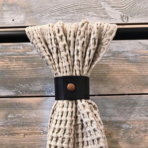 Leather Towel Holder, Oven Towel Holder,  Leather Towel Hugger, Farmhouse, Hygge, Leather Kitchen Accents, Hanging Kitchen Towel Holder
