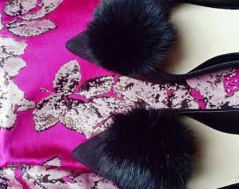 Faux Mink Shoe Pom Clips Faux Fur Shoe Accessories Burgundy Shoe Poms Burgundy Black Poms Pair Poms Faux Shoe Poms Craft Pom Pom