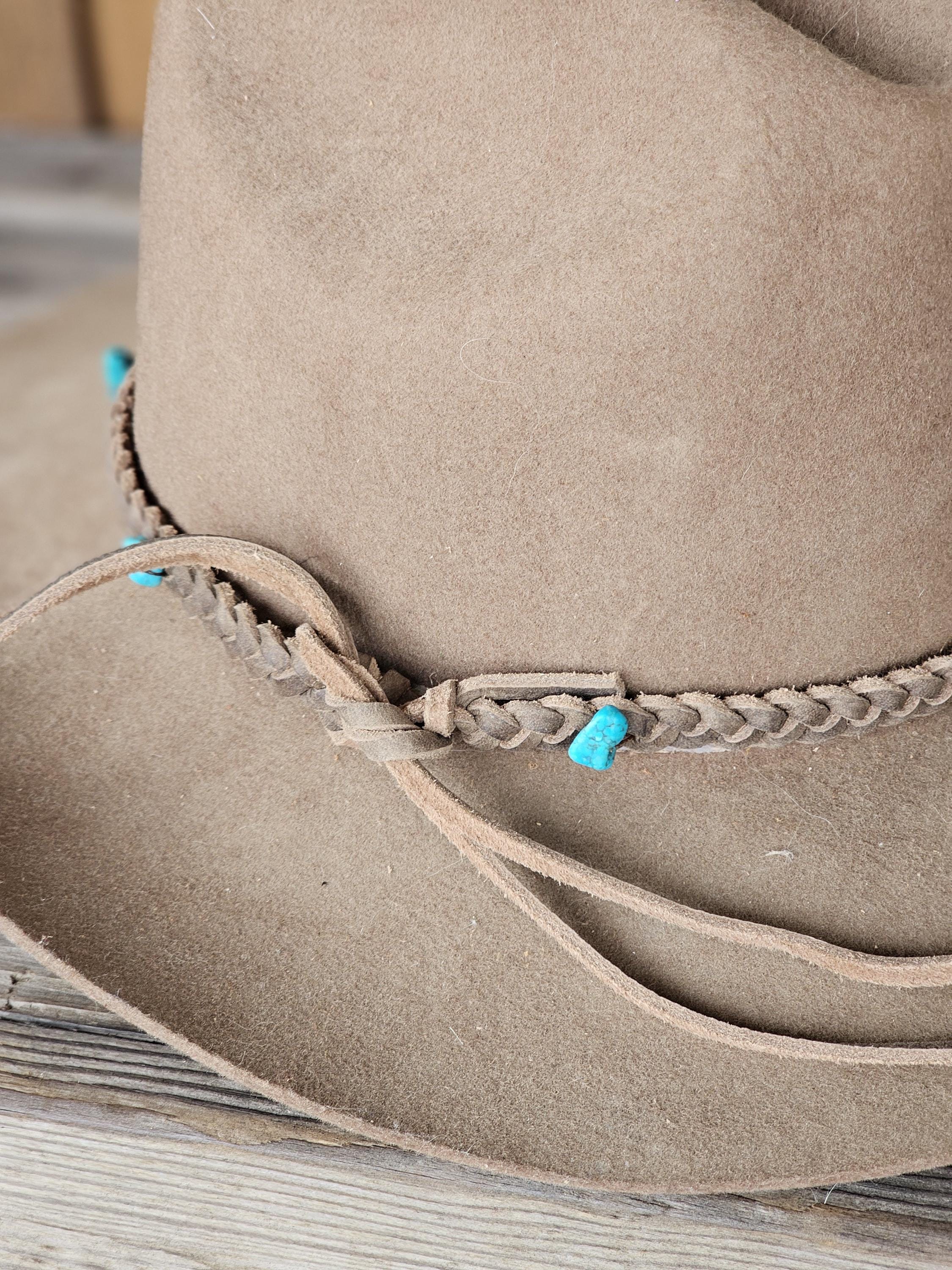 Braided Leather Hat Band, Turquoise, Rustic Western Cowboy 