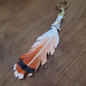 Leather feather keychain, feather keychain, hand painted, feathers, purse charm, feather purse clip, boho purse  clip, keychains