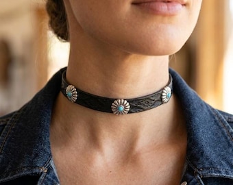 Stamped Leather Daisy Choker, Western Boho Necklace