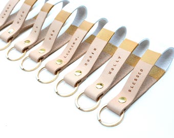 White and Gold Personalized Leather Keychain, Key Fob, Custom Leather Keychain, Leather Lanyard, Stamped Leather Keychain, car key chain