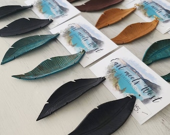 Hand Cut Leather Feather Earrings, Boho Western Style
