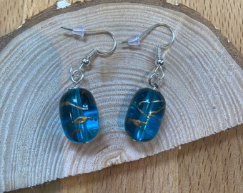 Teal Glass Lampwork earrings with gold swirl detail