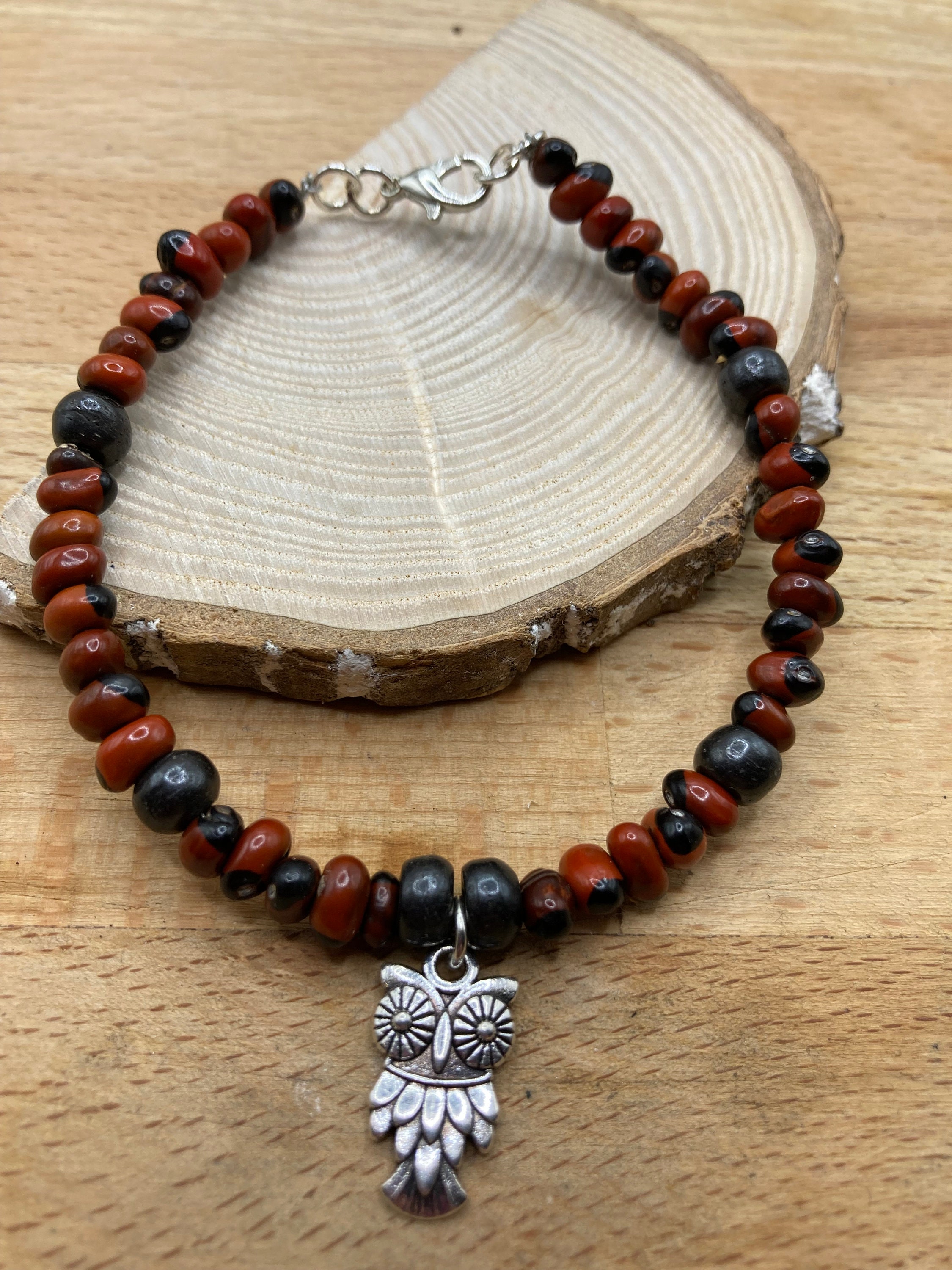 burnt orange beaded bracelet - padlock/owl charm- boho style