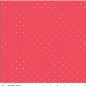 May include: A vibrant red fabric with a repeating pattern of small, light gray crosses. The crosses are evenly spaced across the surface, creating a textured appearance. The fabric is likely cotton or a similar material, suitable for quilting or crafting.