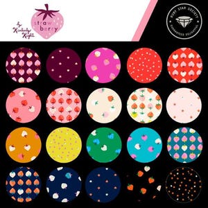 May include: A collection of circular patterns featuring strawberry designs in various colors, including pink, red, yellow, and blue, against a black background. The image includes the text "strawberry" and "by Kimberly Knight."